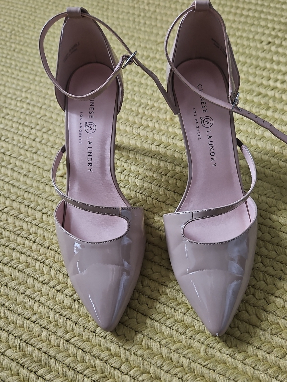 Chinese Laundry Patent Pointed-Toe Ankle-Strap Heels in Nude